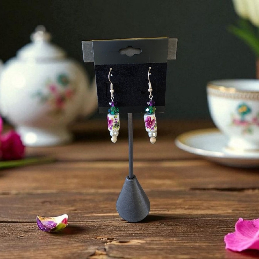 Ceramic Floral Drop Earrings with Purple and Green Beads